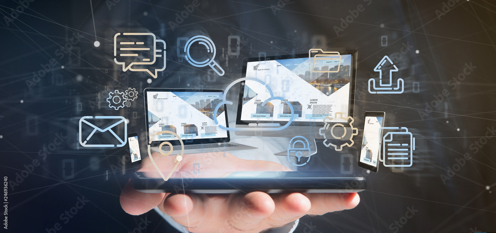 Poster businessman holding a devices connected to a cloud multimedia network 3d rendering
