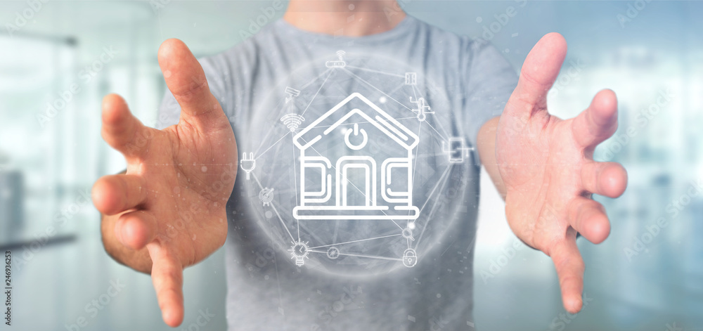 Poster businessman holding smart home interface with icon, stats and data 3d rendering