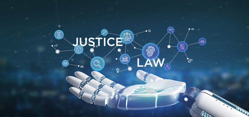 Cyborg hand holding Cloud of justice and law icon bubble with data 3d rendering