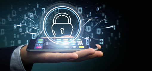 Businessman holding Security padlock wheel icon with stats and binary code 3d rendering