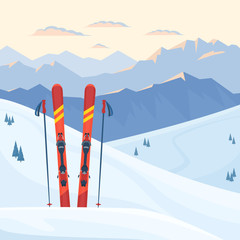 Red ski equipment at the ski resort. Snowy mountains and slopes, winter evening and morning landscape, sunset, sunrise. Vector flat illustration. 