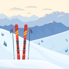 Fotobehang Red ski equipment at the ski resort. Snowy mountains and slopes, winter evening and morning landscape, sunset, sunrise. Vector flat illustration.  © Rinat Khairitdinov