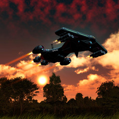 Spaceship flying over an alien planet with trees and plants, sunset with orange clouds, 3d illustration