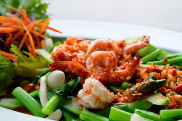 Thai style food, Kale salad with shrimp.