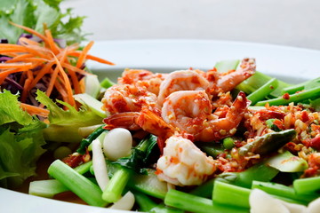 Thai style food, Kale salad with shrimp.