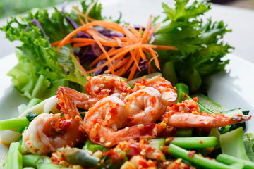 Thai style food, Kale salad with shrimp.
