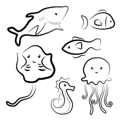 Vector colletion of cute black and white sea animals
