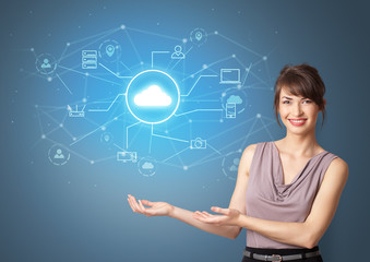 Young smiling person presenting office cloud technology concept
