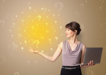 Young person presenting something with question sign concept
