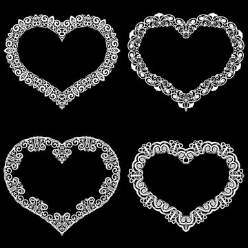 Laser cut frame in the shape of a heart with lace border.  A set of the foundations for paper doily for a wedding.  Vector templates for cutting out.