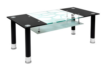 Black glass and aluminium chrome coffee table. Modern table for the living room with floral design, isolated on white background, clipping path included