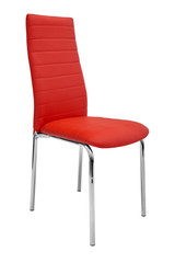 Kitchen elegant chair. Modern red leather chair for dining and kitchen, with aluminium chrome legs. Isolated on white background, with clipping path