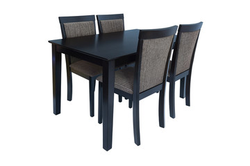 Dining room furniture set of table and four chairs. Elegant dining furniture for living room or kitchen, made of black wood and textile tapestry, isolated on white background