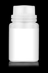 Medicine bottle with blank label isolated on black background, with nice reflection. Clipping path included.