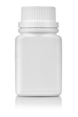 Medicine bottle made of white plastic, isolated on white background, with nice reflection.