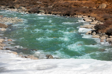 Partly frozen Teesta River in Sikkim