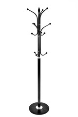 Black metallic coat rack, isolated on white background