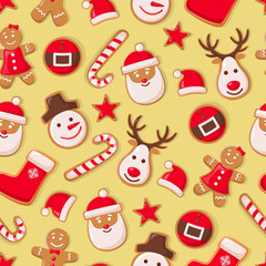 Gingerbread man cookies and Santa Claus candy seamless pattern vector. Christmas symbols winter holiday celebration, sock and hat, star and reindeer
