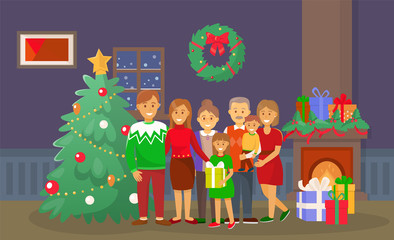 Fototapeta premium Christmas family at home, people by pine tree vector. Fireplace and fir, wreath with bow decoration of interior, mother and father, presents and gifts