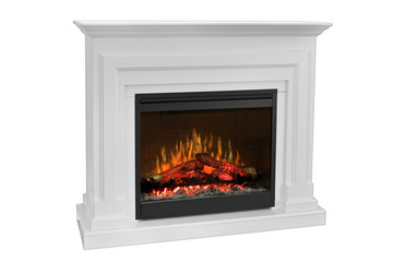 White wooden fireplace with roaring flames, classic elegant design. Isolated on white background, clipping path included. Fireplace as a piece of furniture