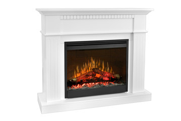 White wooden fireplace with roaring flames, classic elegant design. Isolated on white background, clipping path included. Fireplace as a piece of furniture