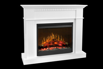 White wooden fireplace with roaring flames, classic elegant design. Isolated on black background,...