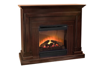 Brown wooden burning fireplace with roaring flames, with classic elegant design. Isolated on white background, clipping path included. Fireplace as a piece of furniture