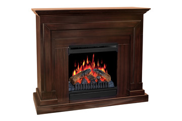 Brown wooden burning fireplace with roaring flames, with classic elegant design. Isolated on white background, clipping path included. Fireplace as a piece of furniture