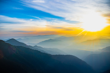 Fototapeta premium Sunset on the top of mountains in Sikkim, India 