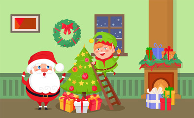 Obraz na płótnie Canvas Merry Christmas Santa Claus and elf at home room vector. Winter characters decorating evergreen pine trees, fireplace with presents and gifts, wreath