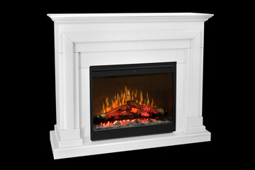 White wooden fireplace with roaring flames, classic elegant design. Isolated on black background, clipping path included. Fireplace as a piece of furniture