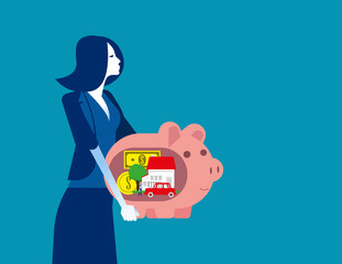 Businesswoman holds piggy bank and dreams. Concept business vector, Planning, Future financial, Saving and investing.