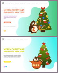 Merry Christmas and happy New Year pine fir tree vector. Online web pages with text sample, spruce decorated with baubles and garlands bows and candies