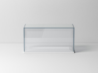 Glass box Mockup with white podium for product presentation or scale car model