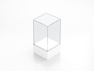 Blank white glass showcase mockup, clear transparent exhibition box template