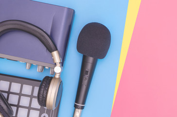 Headphone with other professional audio studio equipments.