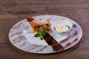 Apple strudel with ice-cream