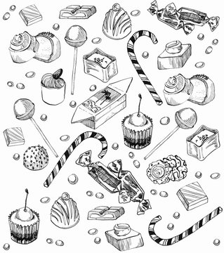 Set Of Watercolor Drawing Candy, Sketch At White Background, Chocolate,  Sweets, Toffees, Candies And Caramel, Hand Drawn Design Elements Royalty  Free SVG, Cliparts, Vectors, And Stock Illustration. Image 40347723.
