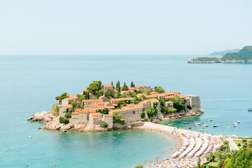 Famous Sveti Stefan island and sand beaches, Adriatic coast, Montenegro