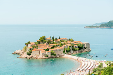 Famous Sveti Stefan island and sand beaches, Adriatic coast, Montenegro