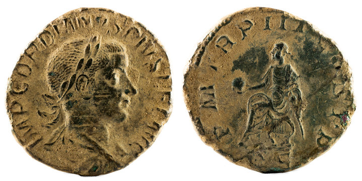Ancient Roman bronze sertertius coin of Emperor Gordian III.