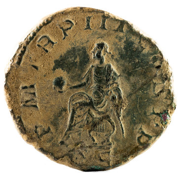 Ancient Roman bronze sertertius coin of Emperor Gordian III. Reverse.