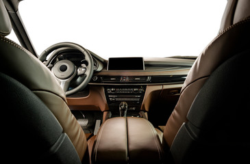 Modern luxury car Interior - steering wheel, shift lever and dashboard. Car interior luxury inside....