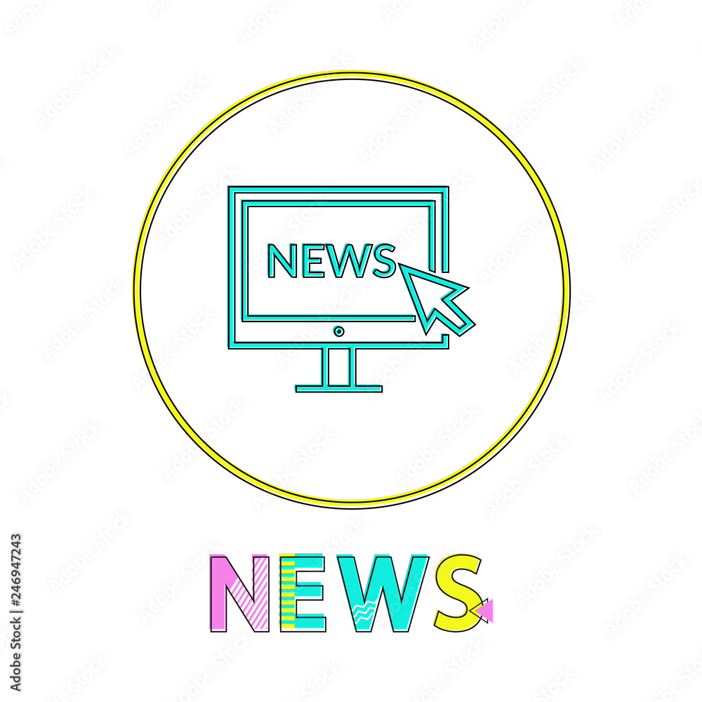 Poster news vector illustration in linear outline style. monitor screen with cursor sign gadget concept and