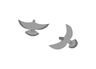 Couple grey doves isolated on white, stock vector in flat style illustration. Stylized of free volant animals emblem. Flying little birds with beaks