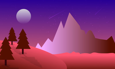 Coral night in mountains illustration. Vector picture EPS10. 