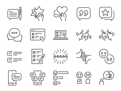 Reviews line icon set. Included icons as review score, feedback, testimonial, comment, survey and more.
