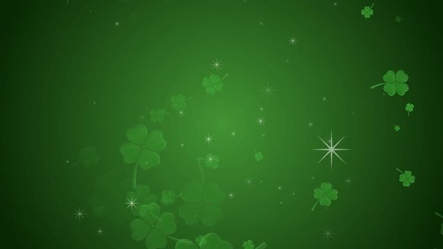 St Patrick's day animation, clover leafs rotating on the green background with sparkles