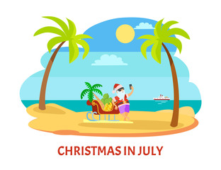Santa standing near sleigh with palm tree and banana and shooting himself in glasses and hat near ship. Summer Christmas in July with sunny weather vector