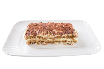Slice of tasty homemade tiramisu on white background